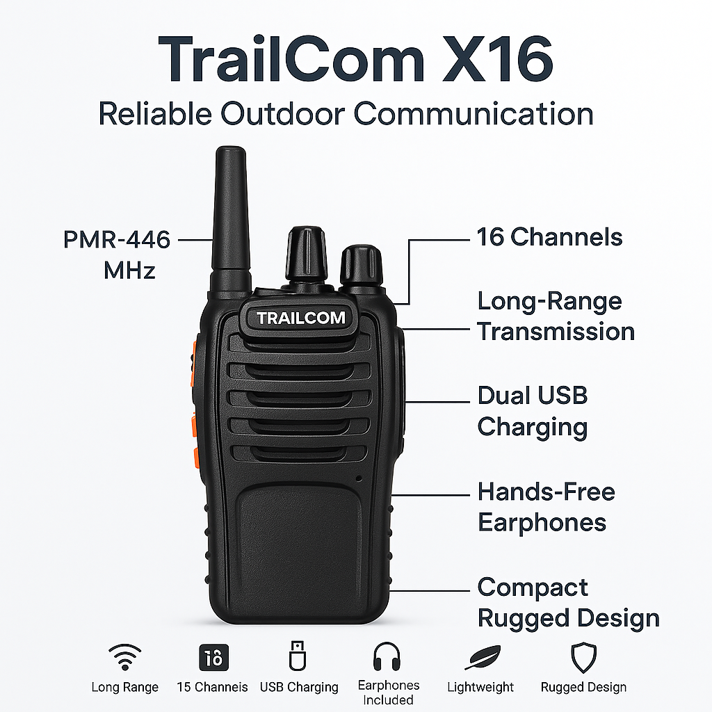 TrailCom X16 Walkie Talkies – Long-Range PMR-446 Radios for Hiking & Camping