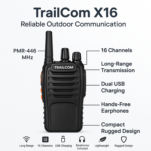 TrailCom X16 Walkie Talkies – Long-Range PMR-446 Radios for Hiking & Camping