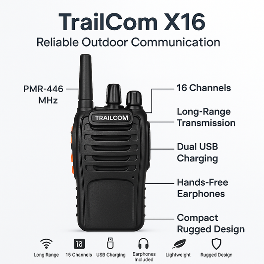 TrailCom X16 Walkie Talkies – Long-Range PMR-446 Radios for Hiking & Camping