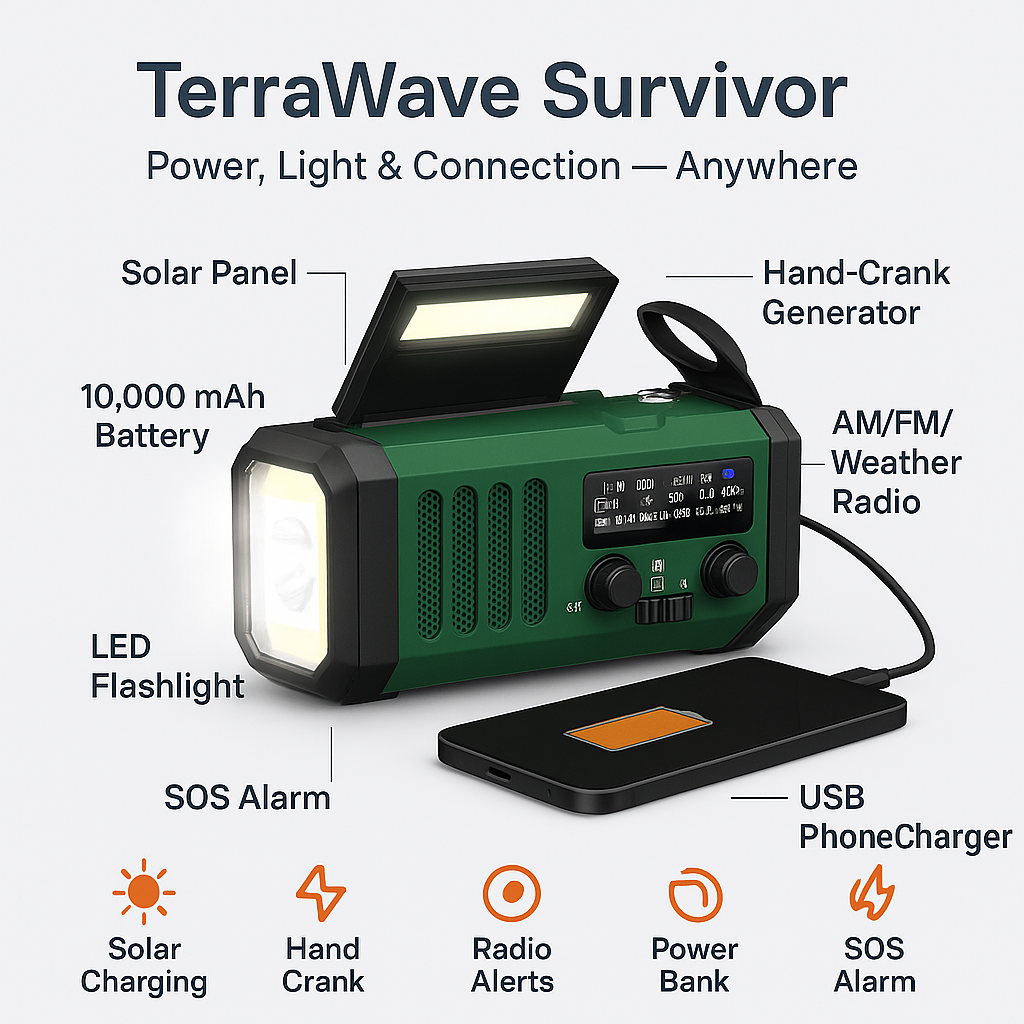 TerraWave Survivor – Solar & Hand-Crank Emergency Radio with Power Bank & Flashlight