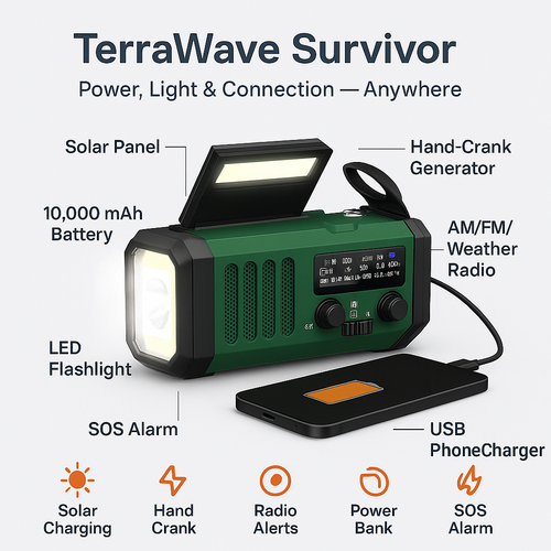 TerraWave Survivor – Solar & Hand-Crank Emergency Radio with Power Bank & Flashlight