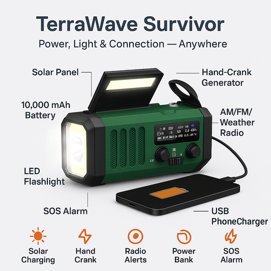 TerraWave Survivor – Solar & Hand-Crank Emergency Radio with Power Bank & Flashlight
