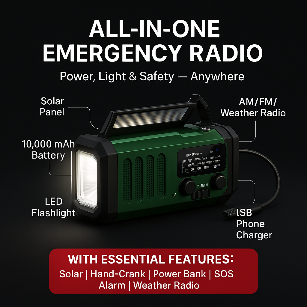 TerraWave Survivor – Solar & Hand-Crank Emergency Radio with Power Bank & Flashlight