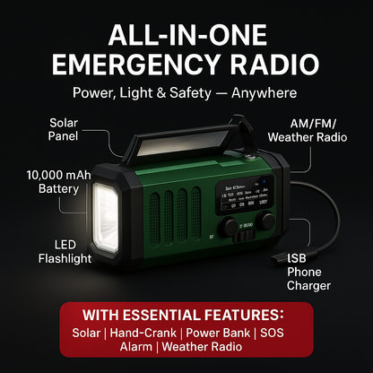 TerraWave Survivor – Solar & Hand-Crank Emergency Radio with Power Bank & Flashlight