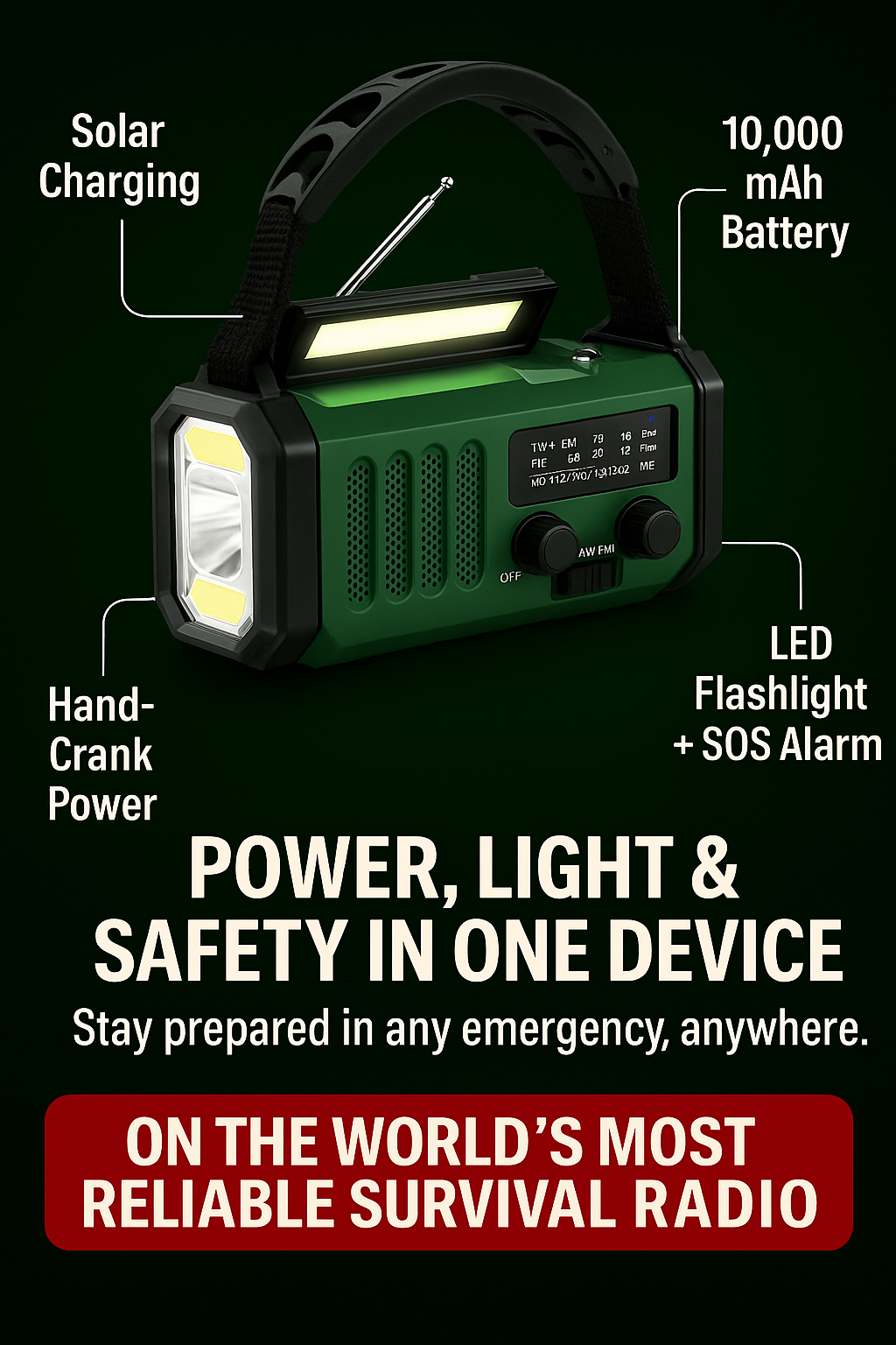 TerraWave Survivor – Solar & Hand-Crank Emergency Radio with Power Bank & Flashlight