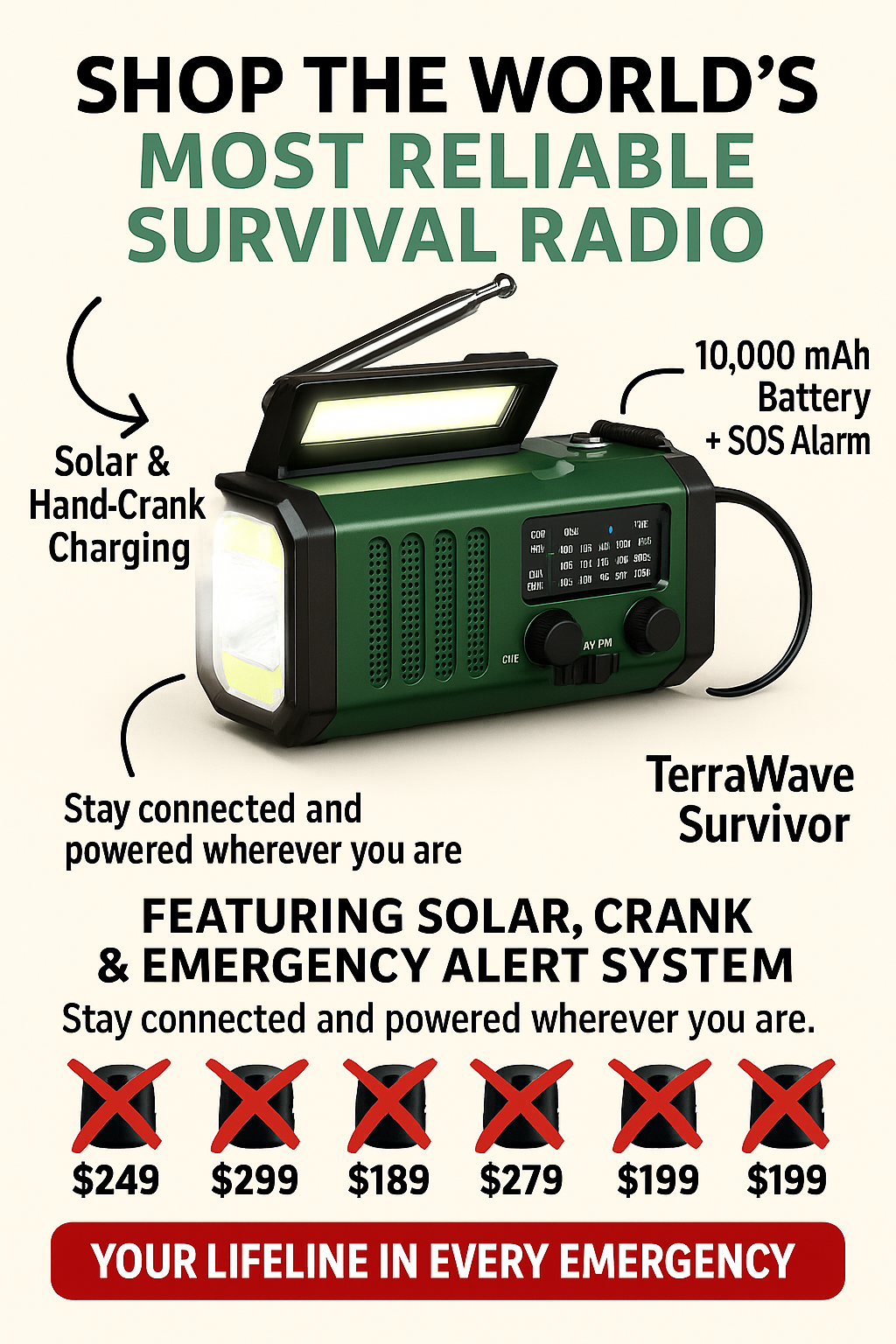 TerraWave Survivor – Solar & Hand-Crank Emergency Radio with Power Bank & Flashlight