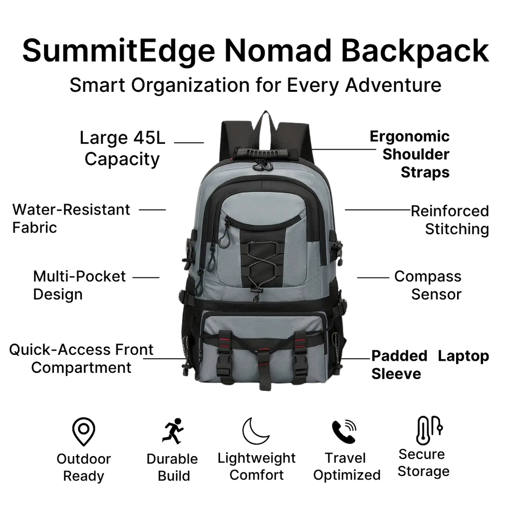 SummitEdge Nomad Backpack – Durable 45L Travel & Hiking Bag for Men