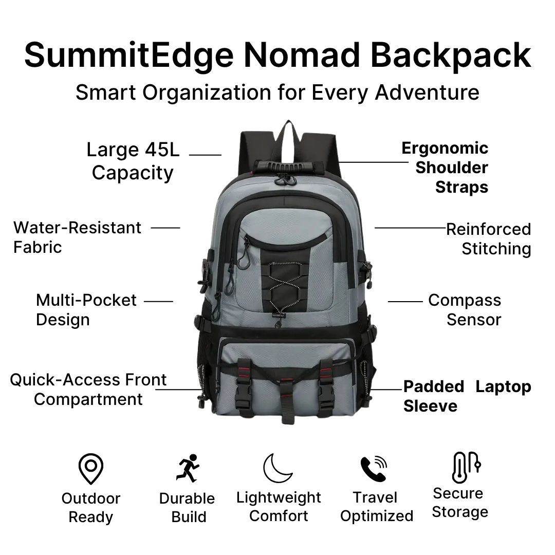 SummitEdge Nomad Backpack – Durable 45L Travel & Hiking Bag for Men