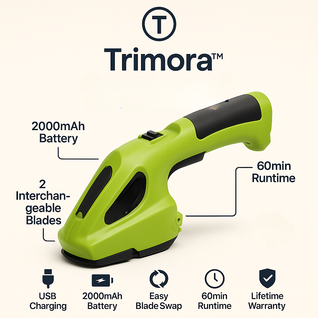 Trimora™ Cordless Hedge & Grass Trimmer – High-Carbon Steel Blades, Rechargeable Handheld Garden Tool